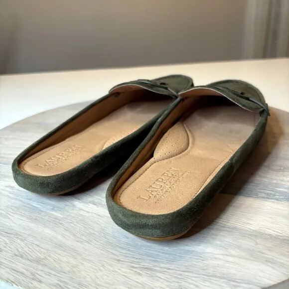 Ralph Lauren Green Suede Leather Slip On Loafers Brynn Mule Shoes US Size 9