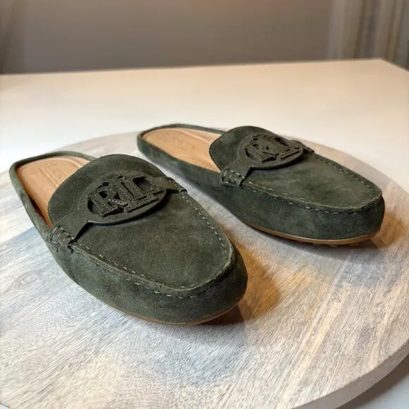 Ralph Lauren Green Suede Leather Slip On Loafers Brynn Mule Shoes US Size 9