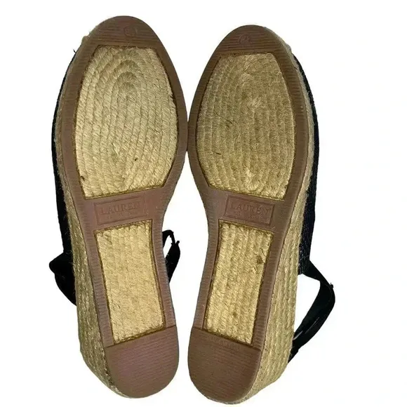 Ralph Lauren Helma Espadrille Slingback Wedge Sandals Black Size 9.5