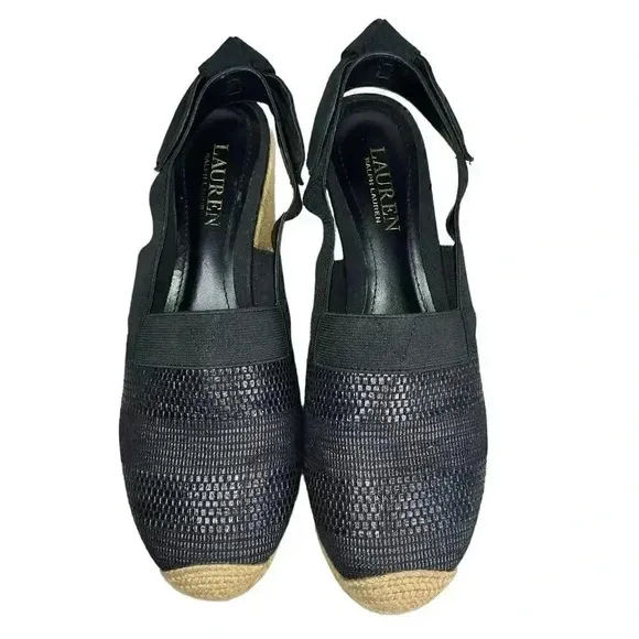 Ralph Lauren Helma Espadrille Slingback Wedge Sandals Black Size 9.5