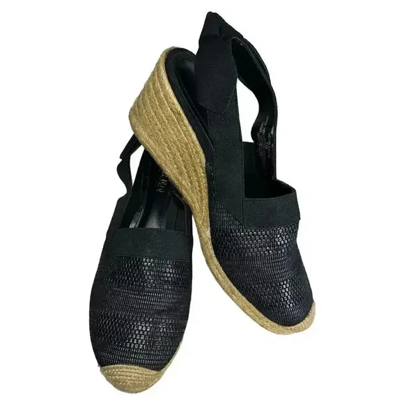 Ralph Lauren Helma Espadrille Slingback Wedge Sandals Black Size 9.5