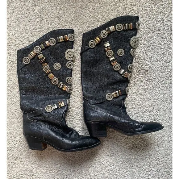 RARE Vintage 80's Genuine Leather Western Cowboy Concho Boots 6.5 Made in Italy