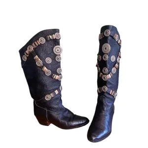 RARE Vintage 80's Genuine Leather Western Cowboy Concho Boots 6.5 Made in Italy