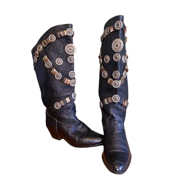 RARE Vintage 80's Genuine Leather Western Cowboy Concho Boots 6.5 Made in Italy