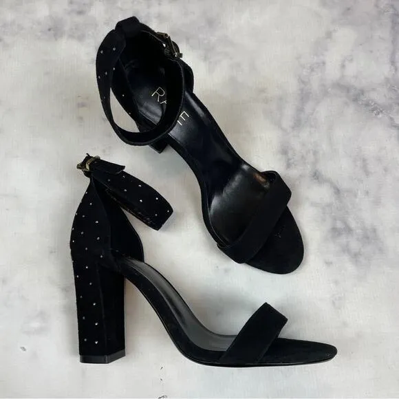 Raye x Anthropologie Genesis Black Crystal Dot Suede Heeled Sandals