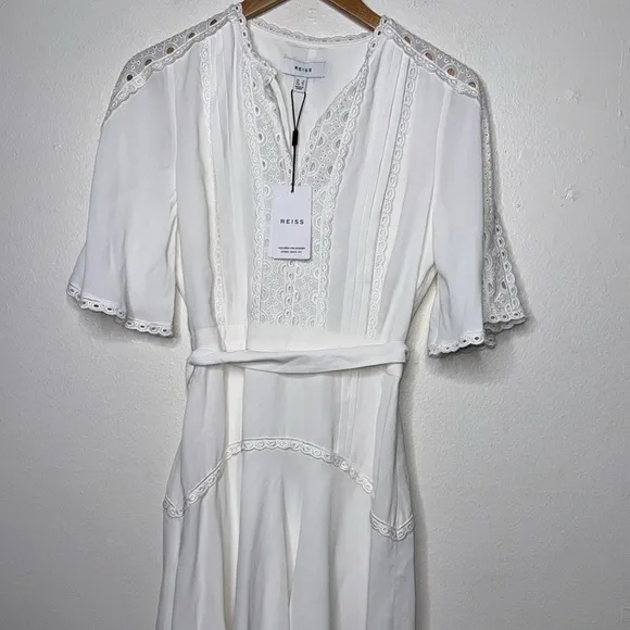 REISS FELICITY HIGH NECK LACE MINI DRESS IN IVORY Size 4