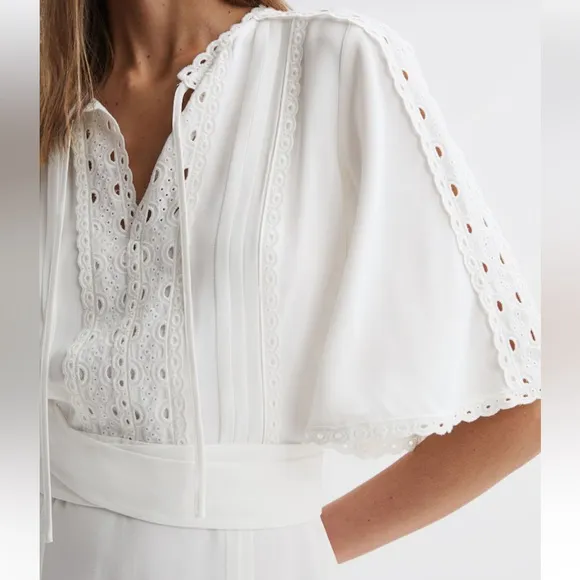 REISS FELICITY HIGH NECK LACE MINI DRESS IN IVORY Size 4