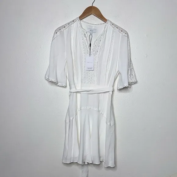 REISS FELICITY HIGH NECK LACE MINI DRESS IN IVORY Size 4