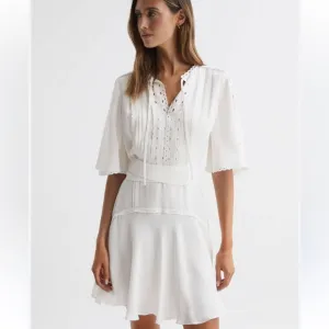 REISS FELICITY HIGH NECK LACE MINI DRESS IN IVORY Size 4
