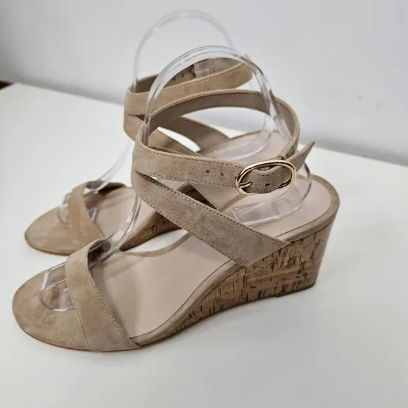 Resort Stuart Weitzman Ave Cork Wedge Heel Suede Sandals Sz 8 Nude