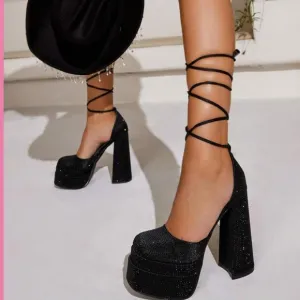 Rhinestone Decor Tie Leg Design Platform Black Chunky Heeled Satin Strappy Pumps
