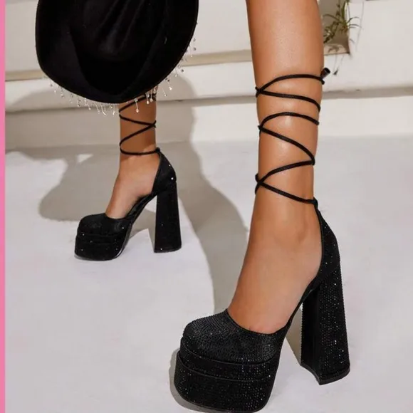 Rhinestone Decor Tie Leg Design Platform Black Chunky Heeled Satin Strappy Pumps