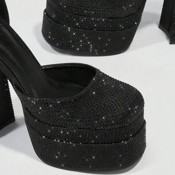 Rhinestone Decor Tie Leg Design Platform Black Chunky Heeled Satin Strappy Pumps