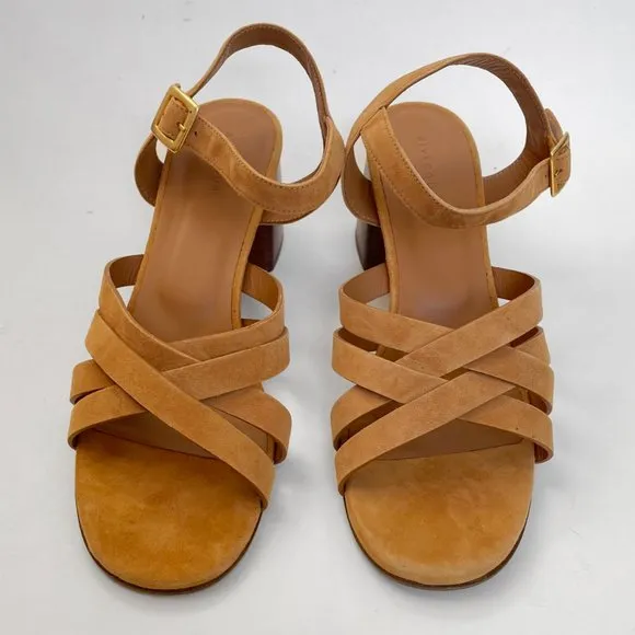 Rivecour Suede Sandals Brown Tan Leather $222 NEW Cross Stack Heel Block Ankle