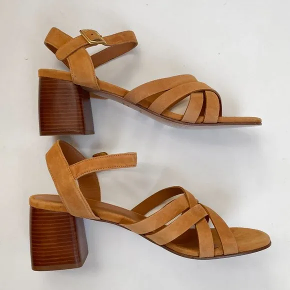 Rivecour Suede Sandals Brown Tan Leather $222 NEW Cross Stack Heel Block Ankle