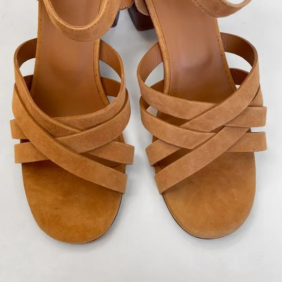 Rivecour Suede Sandals Brown Tan Leather $222 NEW Cross Stack Heel Block Ankle