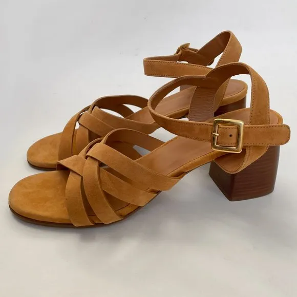 Rivecour Suede Sandals Brown Tan Leather $222 NEW Cross Stack Heel Block Ankle