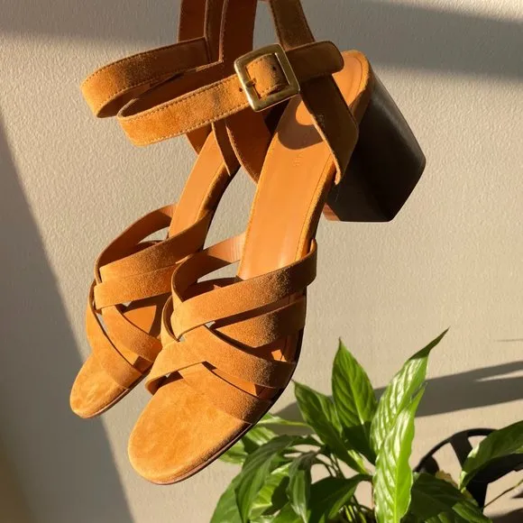 Rivecour Suede Sandals Brown Tan Leather $222 NEW Cross Stack Heel Block Ankle