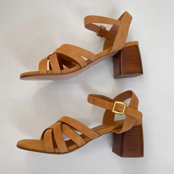 Rivecour Suede Sandals Brown Tan Leather $222 NEW Cross Stack Heel Block Ankle
