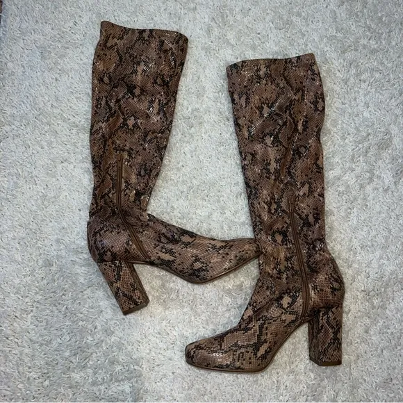 River Island knee high snake skin print boots size 7 neutral tan