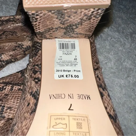 River Island knee high snake skin print boots size 7 neutral tan