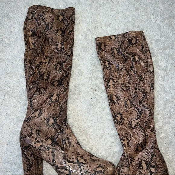 River Island knee high snake skin print boots size 7 neutral tan