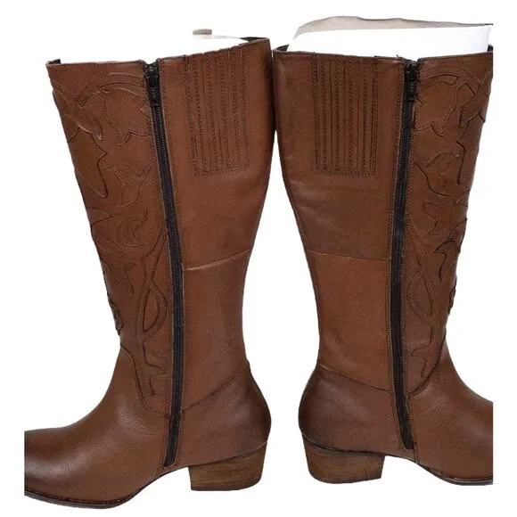 Roan Ellia Tan Brown Floral Top Stiched Tall Leather Western Cowboy Boots 7.5