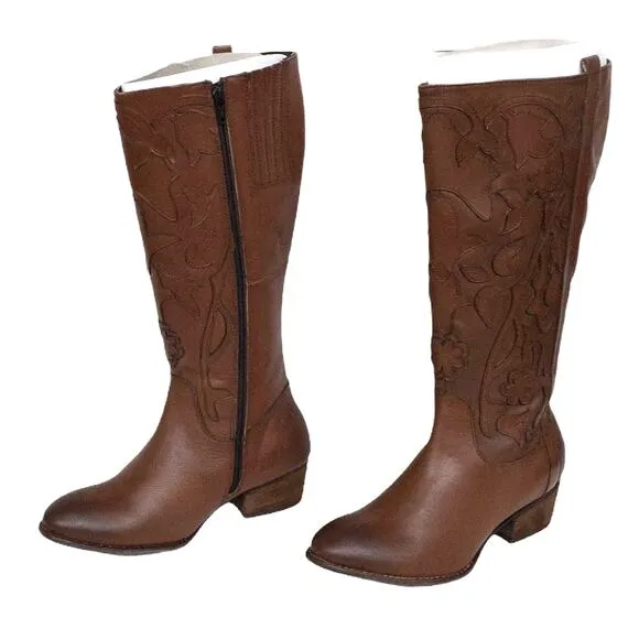 Roan Ellia Tan Brown Floral Top Stiched Tall Leather Western Cowboy Boots 7.5