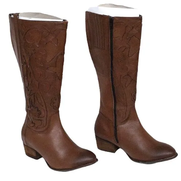 Roan Ellia Tan Brown Floral Top Stiched Tall Leather Western Cowboy Boots 7.5