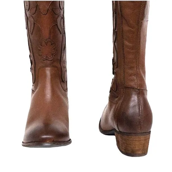Roan Ellia Tan Brown Floral Top Stiched Tall Leather Western Cowboy Boots 7.5