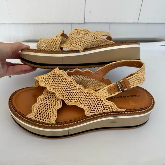Robert Clergerie Women’s Feel Slingback Low Wedge Raffia Sandals size 40 9.5