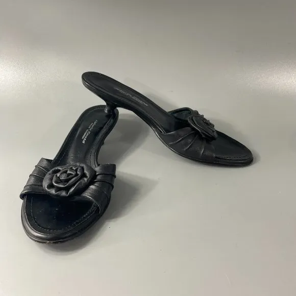 Roberta Rinaldi Black Soft Leather Kitten Heel with Flower Sandals, 36