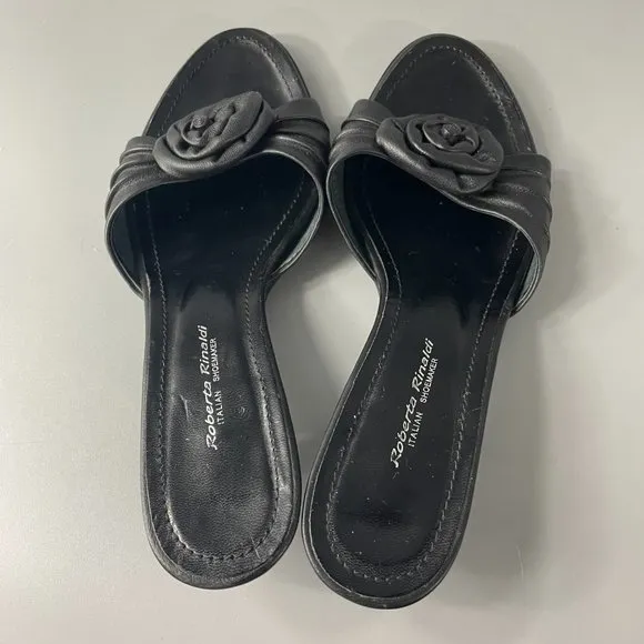 Roberta Rinaldi Black Soft Leather Kitten Heel with Flower Sandals, 36