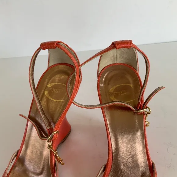 Roberto Cavalli orange snakeskin  sandals 38