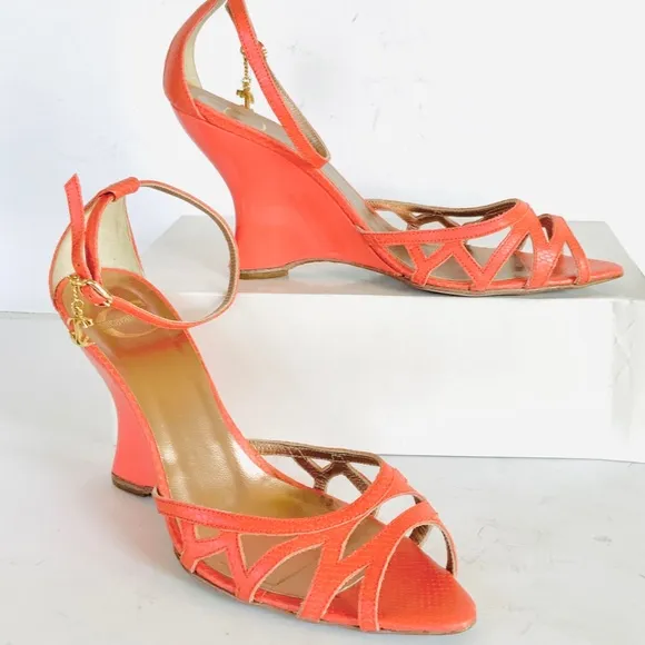 Roberto Cavalli orange snakeskin  sandals 38