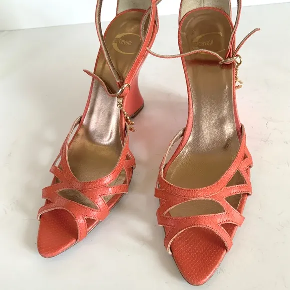 Roberto Cavalli orange snakeskin  sandals 38