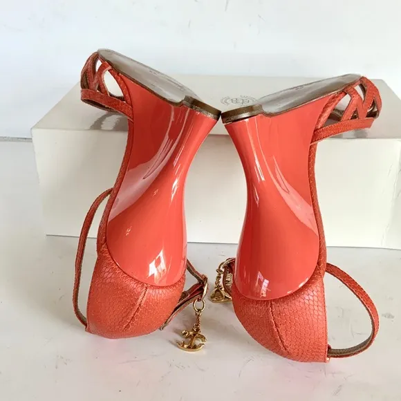 Roberto Cavalli orange snakeskin  sandals 38