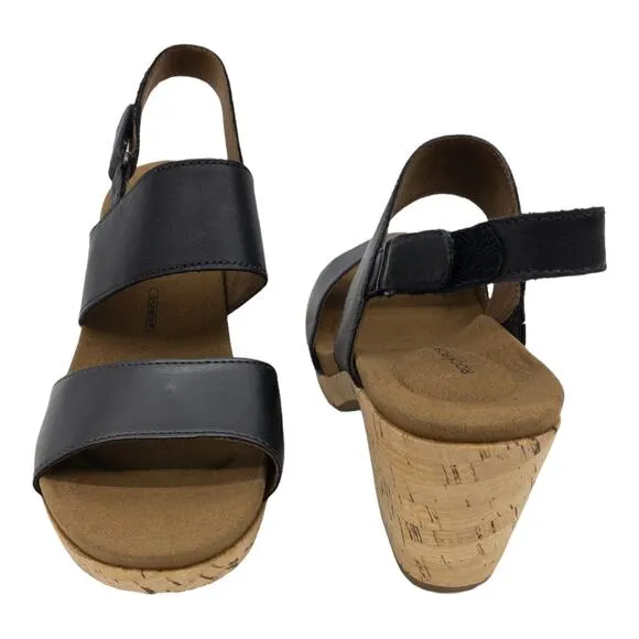 Rockport  Women's Sandals Vivianne Leather Cork Block Heel Black Two-Band 7.5