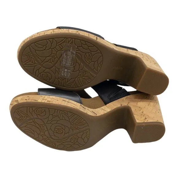 Rockport  Women's Sandals Vivianne Leather Cork Block Heel Black Two-Band 7.5