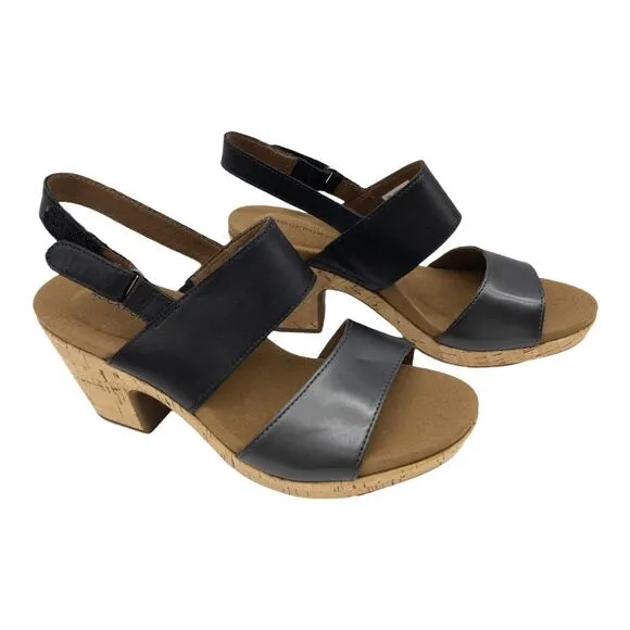 Rockport  Women's Sandals Vivianne Leather Cork Block Heel Black Two-Band 7.5