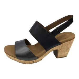 Rockport  Women's Sandals Vivianne Leather Cork Block Heel Black Two-Band 7.5