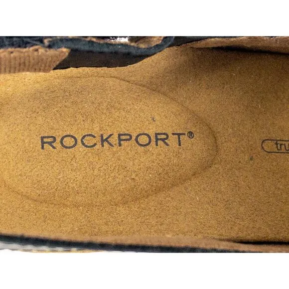 Rockport  Women's Sandals Vivianne Leather Cork Block Heel Black Two-Band 7.5