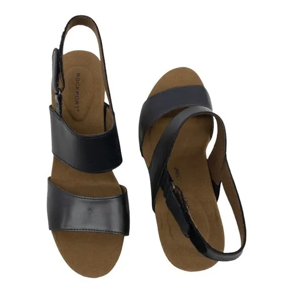 Rockport  Women's Sandals Vivianne Leather Cork Block Heel Black Two-Band 7.5