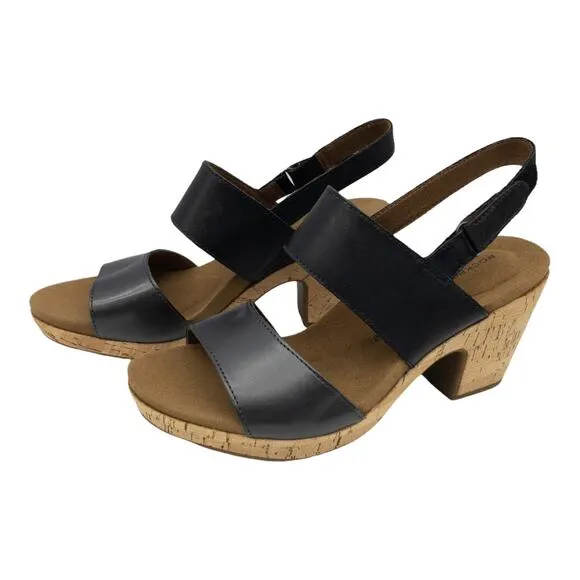 Rockport  Women's Sandals Vivianne Leather Cork Block Heel Black Two-Band 7.5
