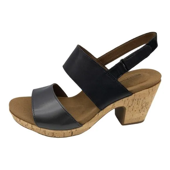 Rockport  Women's Sandals Vivianne Leather Cork Block Heel Black Two-Band 7.5