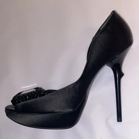 Roger Vivier black satin peep toe d’Orsay high heel evening shoes Sz 36.5
