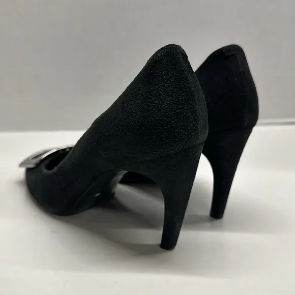 Roger Vivier High Heel Shoes Suede Pumps Round Toe Square Logo Black Size 36.5