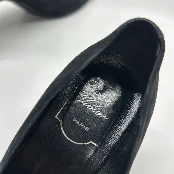 Roger Vivier High Heel Shoes Suede Pumps Round Toe Square Logo Black Size 36.5