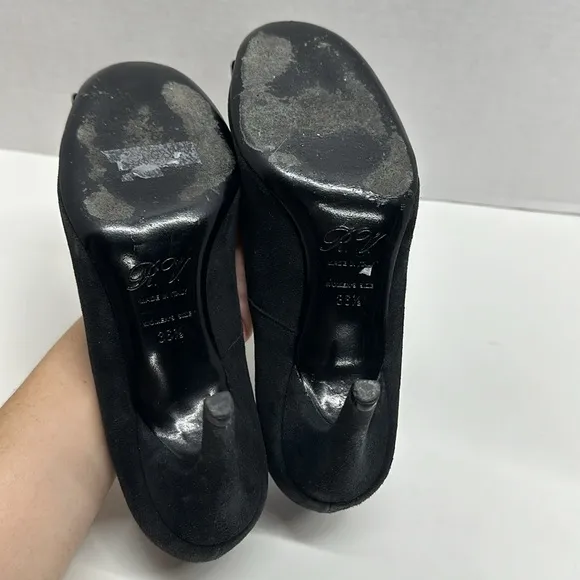 Roger Vivier High Heel Shoes Suede Pumps Round Toe Square Logo Black Size 36.5