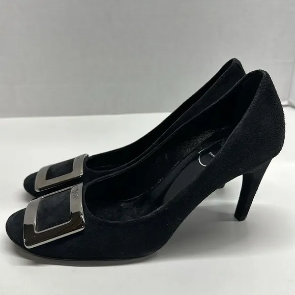Roger Vivier High Heel Shoes Suede Pumps Round Toe Square Logo Black Size 36.5